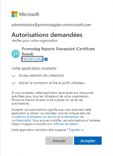 Autorisations demandées dans Azure AD pour l'application SharePoint Promodag